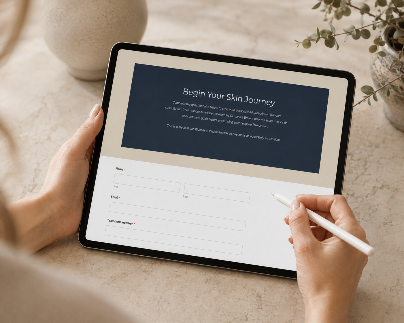 Completing the online skin questionnaire on a tablet
